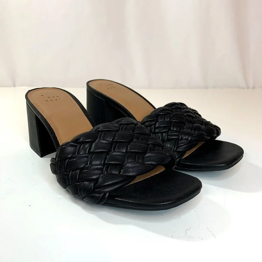 A New Day Womens Dorothy Slide Sandals Black Wedge Basketweave - Picture 2 of 10